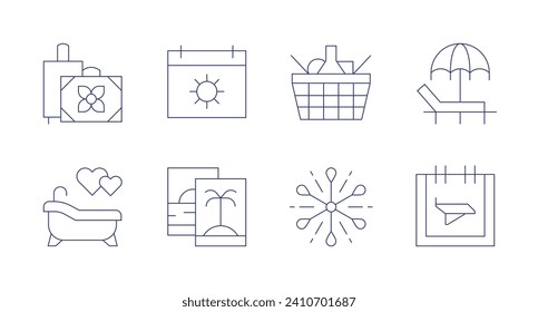 Holidays icons. Editable stroke. Containing baggage, picnic, summer, sunbed, bath, firework, photo, holidays.