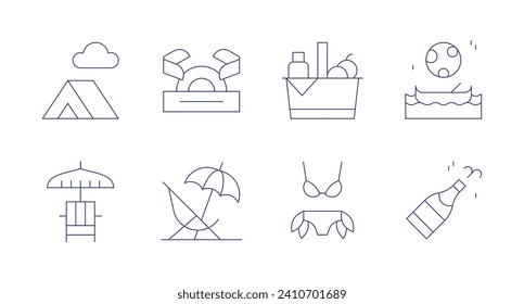 Holidays icons. Editable stroke. Containing tent, picnic, sunbed, bikini, holidays, seat, mid autumn festival, champagne.