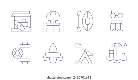 Holidays icons. Editable stroke. Containing stall, canoe, picnic table, hawaiian, towel, camping, surf, beach.