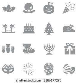 Holidays Icons. Gray Flat Design. Vector Illustration.