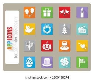 holidays icons set in flat design with long shadow