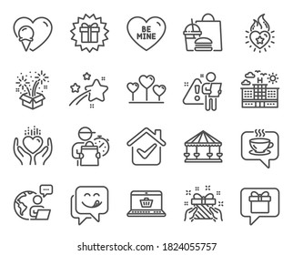 Holidays icons set. Included icon as Surprise gift, Yummy smile, Gift signs. Love heart, Ice cream, Online shopping symbols. Carousels, Hold heart, Hotel. Wish list, Be mine, Coffee. Vector