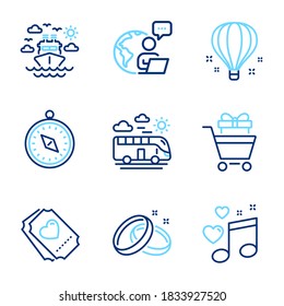 Los iconos de vacaciones se establecen. Icono incluido como Barco viaje, Aire globo, Amo carteles de entradas. Carretera de compras, Anillos de boda, Símbolos musicales de amor. Iconos de la línea de viaje del bus. Transporte en crucero, Sky viajando. Vector