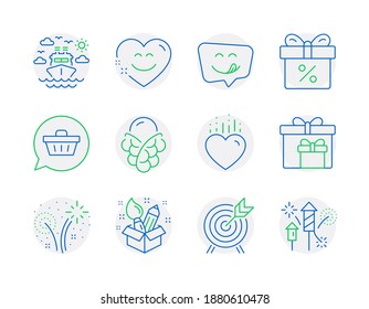 Holidays icons set. Included icon as Creativity, Ship travel, Heart signs. Shopping cart, Ice cream, Delivery boxes symbols. Fireworks, Discount offer, Smile chat. Yummy smile, Archery. Vector