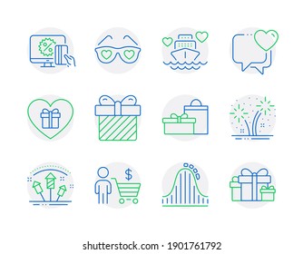 Holidays icons set. Included icon as Gifts, Fireworks, Surprise signs. Buyer, Honeymoon cruise, Fireworks rocket symbols. Heart, Online shopping, Romantic gift. Love glasses line icons. Vector