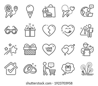 Holidays Icons Set. Included Icon As Ice Cream, Special Offer, Fireworks Signs. Sunglasses, Gift, Love You Symbols. Broken Heart, Gift Dream, Honeymoon Travel. Yummy Smile, Male Female. Vector