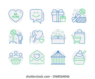 Holidays icons set. Included icon as Surprise package, Buyers, Be mine signs. Carousels, Sale bags, Love letter symbols. Smile face, Sale, Present box. Hold heart, Discount, Ice cream. Vector