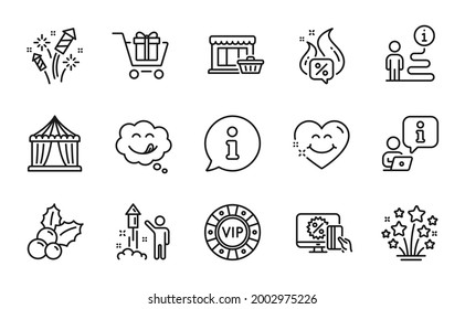 Holidays icons set. Included icon as Shopping cart, Vip chip, Fireworks stars signs. Circus tent, Online shopping, Fireworks symbols. Yummy smile, Christmas holly, Smile face. Marketplace. Vector