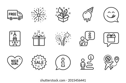 Holidays icons set. Included icon as Flight sale, Sale, Special offer signs. Creativity, Fireworks, Nice girl symbols. Wish list, Yummy smile, Crane claw machine. Ice cream, Free delivery. Vector