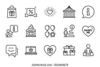 Holidays icons set. Included icon as Discounts ribbon, Heart, Surprise boxes signs. Buyer, Carousels, Holidays shopping symbols. Online shopping, Romantic gift, Balloon dart. Ice cream. Vector