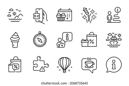 Holidays icons set. Included icon as Ship travel, Sale bags, Sea mountains signs. Air balloon, Shopping, Puzzle symbols. Travel compass, Ice cream, Coffee. Puzzle game, Christmas calendar. Vector