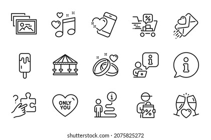 Holidays icons set. Included icon as Marriage rings, Discounts cart, Heart signs. Delivery discount, Love music, Love letter symbols. Photo album, Only you, Search puzzle. Ice cream. Vector