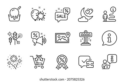 Holidays icons set. Included icon as Balloon dart, Discounts bubble, Ice cream signs. Fireworks rocket, Love night, Cross sell symbols. Discounts offer, Fireworks, Discount medal. Puzzle. Vector