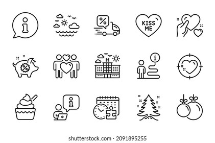 Holidays Icons Set. Included Icon As Hold Heart, Puzzle Time, Travel Sea Signs. Heart Target, Kiss Me, Hotel Symbols. Piggy Sale, Love Couple, Ice Cream. Christmas Tree, Christmas Ball. Vector