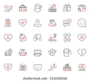 Holidays icons set. Included icon as Fireworks rocket, Gps and Broken heart web elements. Carousels, Surprise boxes, Discounts app icons. Smile face, Circus, Marry me web signs. Pillow. Vector