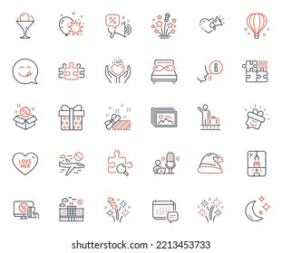 Holidays icons set. Included icon as Discounts offer, Pillows and Sale web elements. Gift box, Cancel flight, Love message icons. Message, Love her, Moon web signs. Air balloon. Vector
