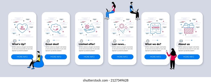 Holidays icons set. UI phone app screens with teamwork. Included icon as Sale, Yummy smile, Be true signs. Fireworks, Winner ticket, Surprise line icons. Vector