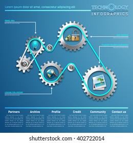 Holidays infographics elements with metal gears and icons. Template for business website. Vector illustration.