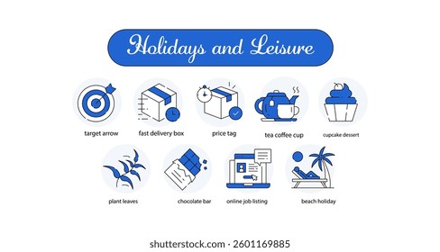 Holidays and Leisure. beach holiday, tea coffee cup, cupcake dessert, plant leaves, chocolate bar, online job listing, price tag, fast delivery box, target arrow.