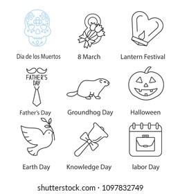 Holidays linear icons set. Dia de los Muertos, March 8th, Lantern Festival, Groundhog, Labour, Knowledge, Earth Days, Halloween. Thin line contour symbols. Isolated vector outline illustrations