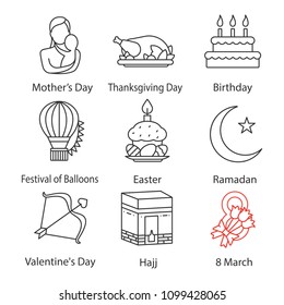 Holidays linear icons set. Mother's and Valentine's Days, Birthday, Festival of Balloons, Easter, Hajj, March 8th, Thanksgiving Day. Thin line contour symbols. Isolated vector outline illustrations