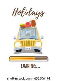 Holidays loading poster template with yellow car and happy family inside isolated on white background. Vector illustration.