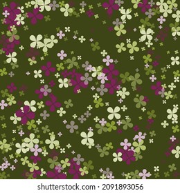 Holidays Lucky Saint Patrick Vivid Simple Wallpaper. Summer Floral Purple Vibrant Illustration. Clovers Nature Dark Green Greenery Confetti. Pastel Fourtune Flowers Bright Spring Backdrop.