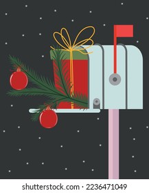 Holidays Mailbox with a Gift and Decorations Fir Tree Branch