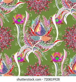 Holidays mood. Spring summer time. Gentle romantic print. Vector seamless cute flower pattern. Flowers on green, neutral and pink colors.