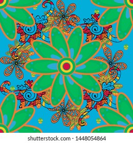 Holidays mood. Vector seamless cute flower pattern. Spring summer time. Flowers on blue, green and orange colors. Gentle romantic print.