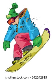 Holidays in mountains. Jumping snowboarder. Cartoon.