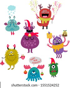 Holidays New Year Monsters vector set