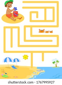 Vacaciones en la playa, ilustración vectorial laberinto para niños