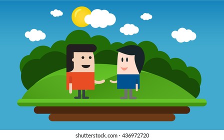 Holidays On The Island. Meeting New People Vector Illustration.