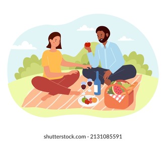 Holidays on picnic. Man and girl with food sitting in nature. Spring and summer weekends, romantic date. Husband and wife with wine glasses communicate, dialog. Cartoon flat vector illustration