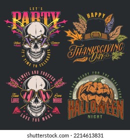 Holidays party set colorful vintage posters invitations to popular holidays on Halloween or Thanksgiving and February 14 vector illustration