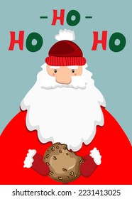 Holidays postcard with santa claus in traditioal style. Santa holding cookie. Lettering ho-ho-ho. Bright cute colors.