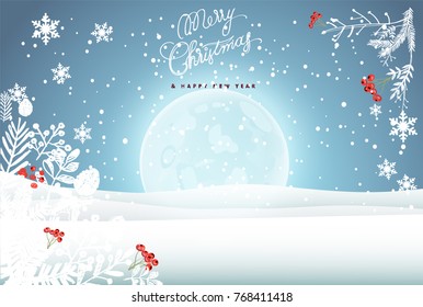 Holidays poster. Christmas, birthday, wedding invitation card, hand drown, landscape, snow, blue background