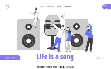 Holidays and Recreation Website Landing Page. Young People Dancing and Singing in Karaoke Club. Tiny Characters Sing near Huge Microphone Web Page Banner. Cartoon Flat Vector Illustration, Line Art