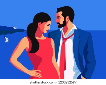Holidays resort time. Couple in love, male and female characters, faces in profile, sea background with gulls. Vector illustration