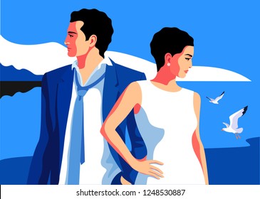 Holidays resort time. Couple in love, male and female characters, faces in profile. Sea background with gulls. Vector illustration