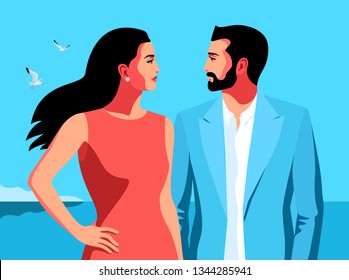 Holidays resort time. Couple in love, male and female characters, side view, sea background with gulls. Vector illustration