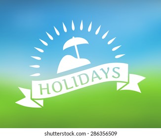 Holidays ribbon icon on nature background. Vector travel summer illustration on light green and blue.
