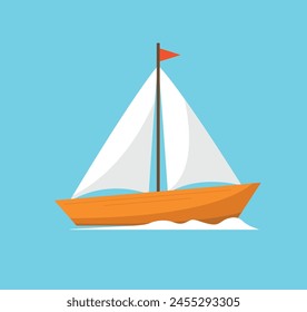 Holidays at sea. A boat with sails floating on the waves. Vector illustration.