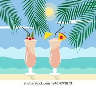 Holidays at sea. Tropical cocktail Pina Colada. Vector illustration.