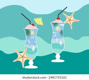 Holidays at sea. Tropical cocktail. Sea and sun in a glass.