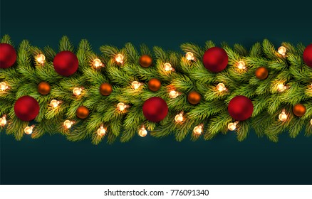 Holiday's Seamless Christmas Background. Tree Branches Decorated  with bulbs and balls. Vector  illustration.