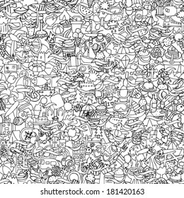 Holidays seamless pattern in black and white (repeated) with mini doodle drawings (icons). Illustration is in eps8 vector mode.