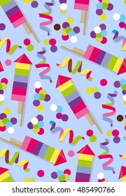 Holidays seamless pattern from confetti, party poppers, streamers