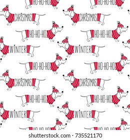 Holidays seamless pattern with funny dog. Happy new year pets. Merry christmas background. Winter design.Cartoon animals. Xmas 2018 card. 